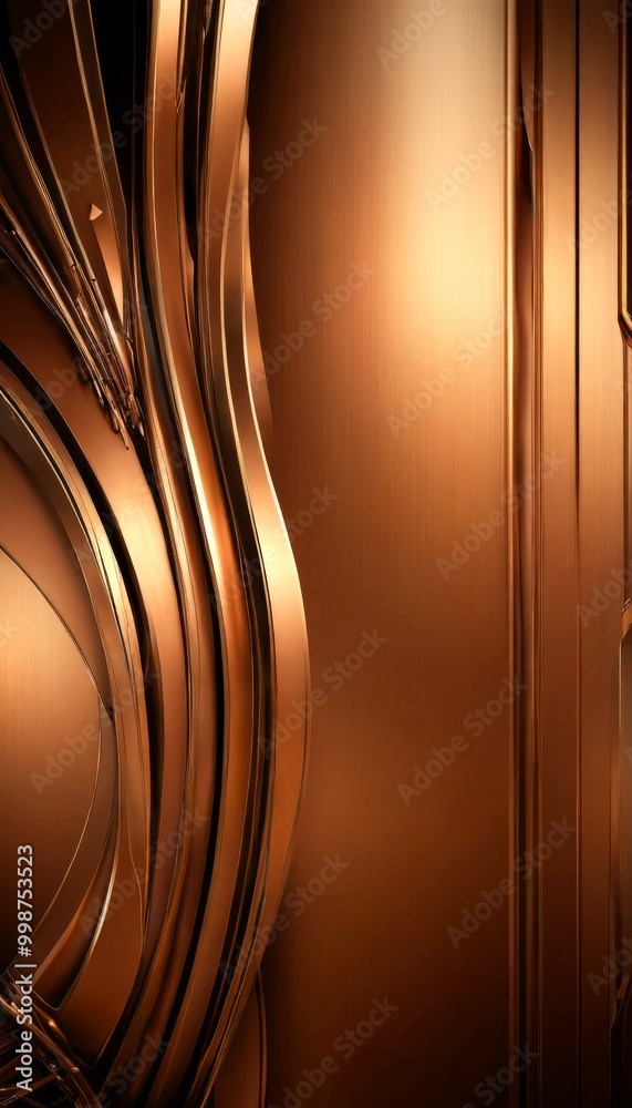 Poster a close-up view metallic surface with a textured, golden-brown color The surface is adorned with a series of curved lines and angles, creating a sense of depth