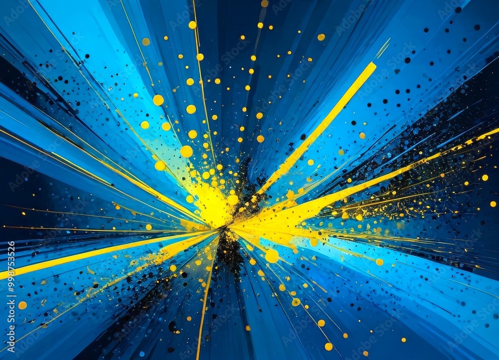Aufkleber a vibrant abstract composition with a central burst of yellow and blue lines radiating outwards, creating a dynamic and energetic visual effect