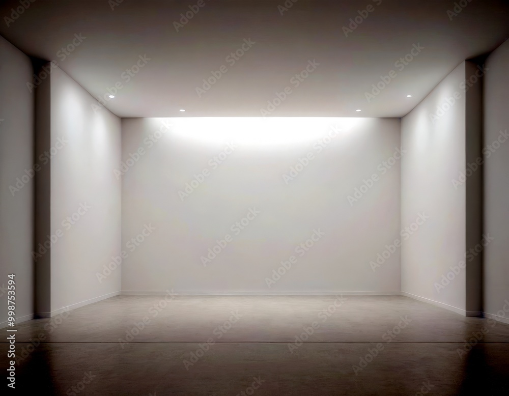 Poster a minimalist, empty room with a clean, white color scheme and recessed lighting