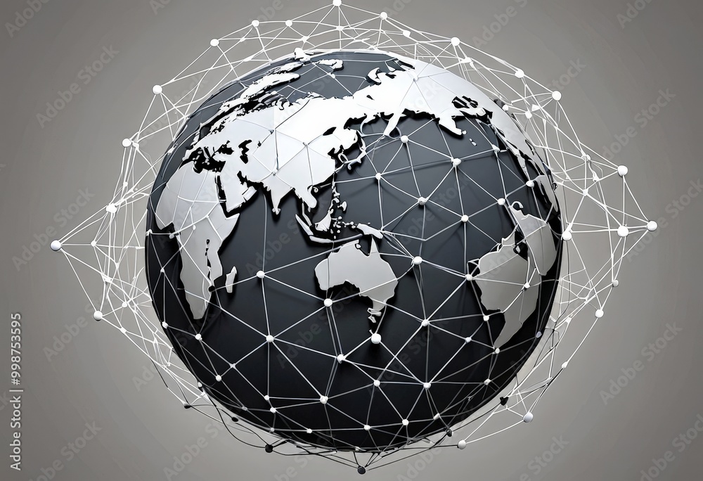 Poster A of the Earth, with a network of interconnected lines and dots surrounding it, symbolizing global connectivity and communication