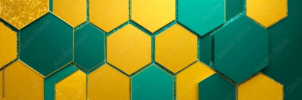 Leinwandbilder a geometric pattern composed of hexagonal shapes in varying shades of green and gold, arranged in a grid-like fashion