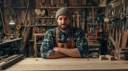 Young bearded woodworker in a workshop standing confidently at his workbench