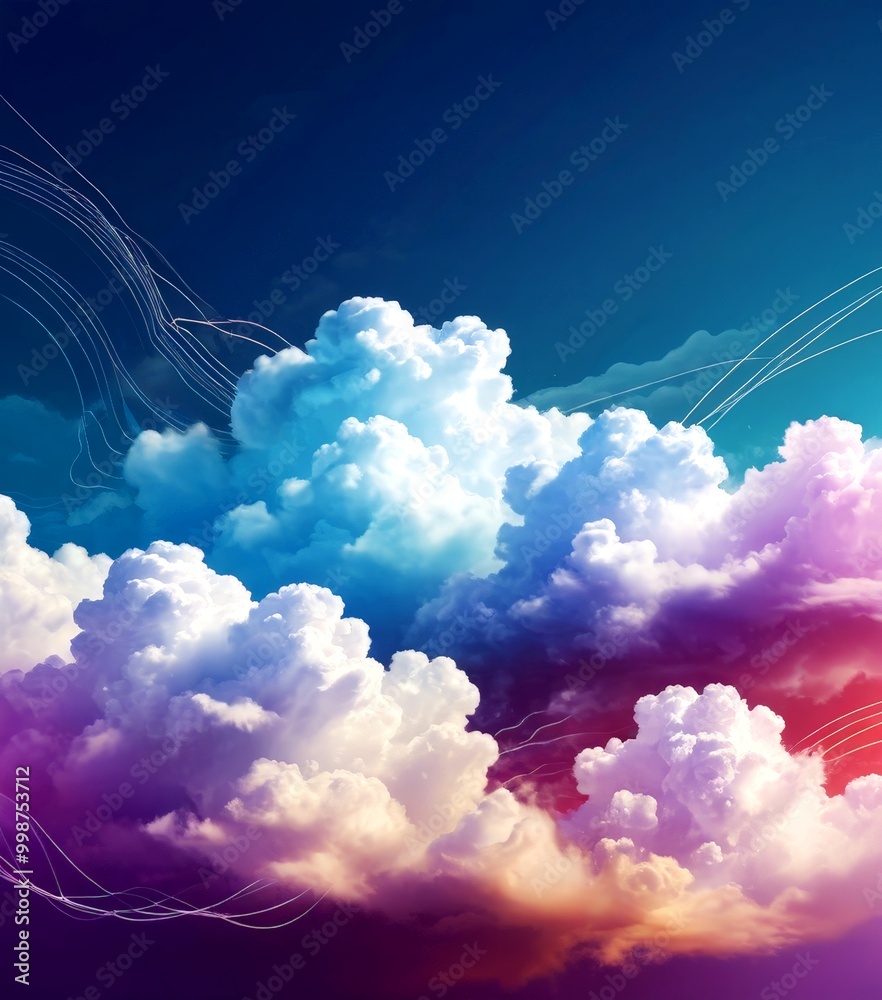 Poster a vibrant and dynamic sky filled with fluffy white clouds, transitioning from blue to pink and purpl
