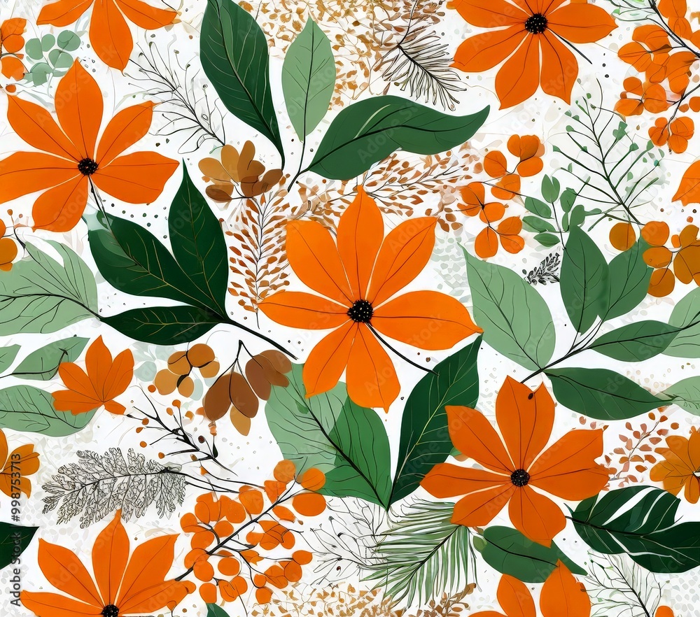 Aufkleber a repeating pattern of orange flowers with green leaves, set against a white background with subtle 