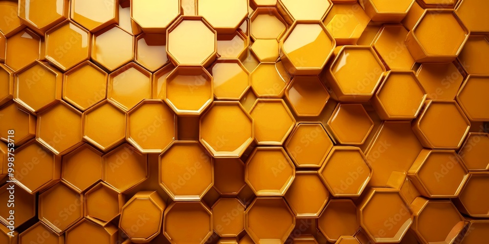 Poster A honeycomb pattern, with the honeycomb cells filled with a golden liquid, creating a warm and visually appealing texture