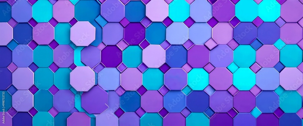 Aufkleber A vibrant pattern of overlapping hexagonal tiles in various shades of purple and teal, creating a visually striking and abstract design