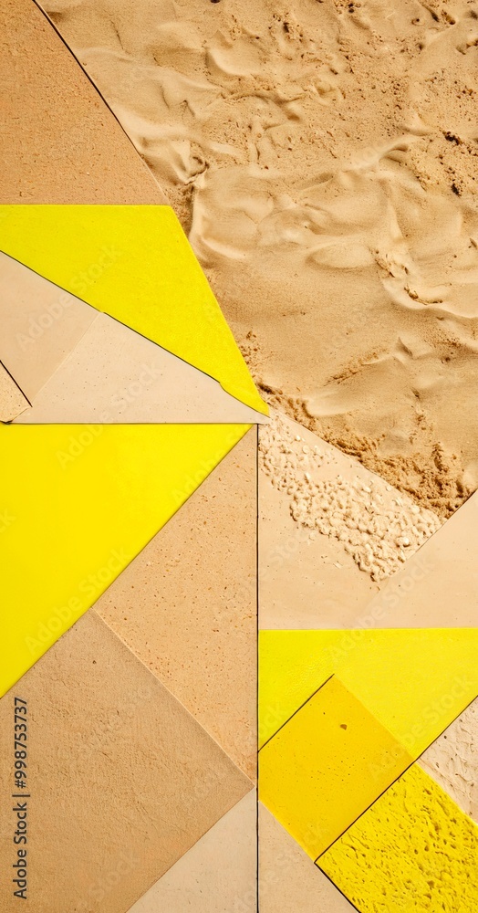 Poster a geometric pattern composed of various shades of yellow and beige tiles arranged in a triangular formation The tiles overlap each other, creating a sense