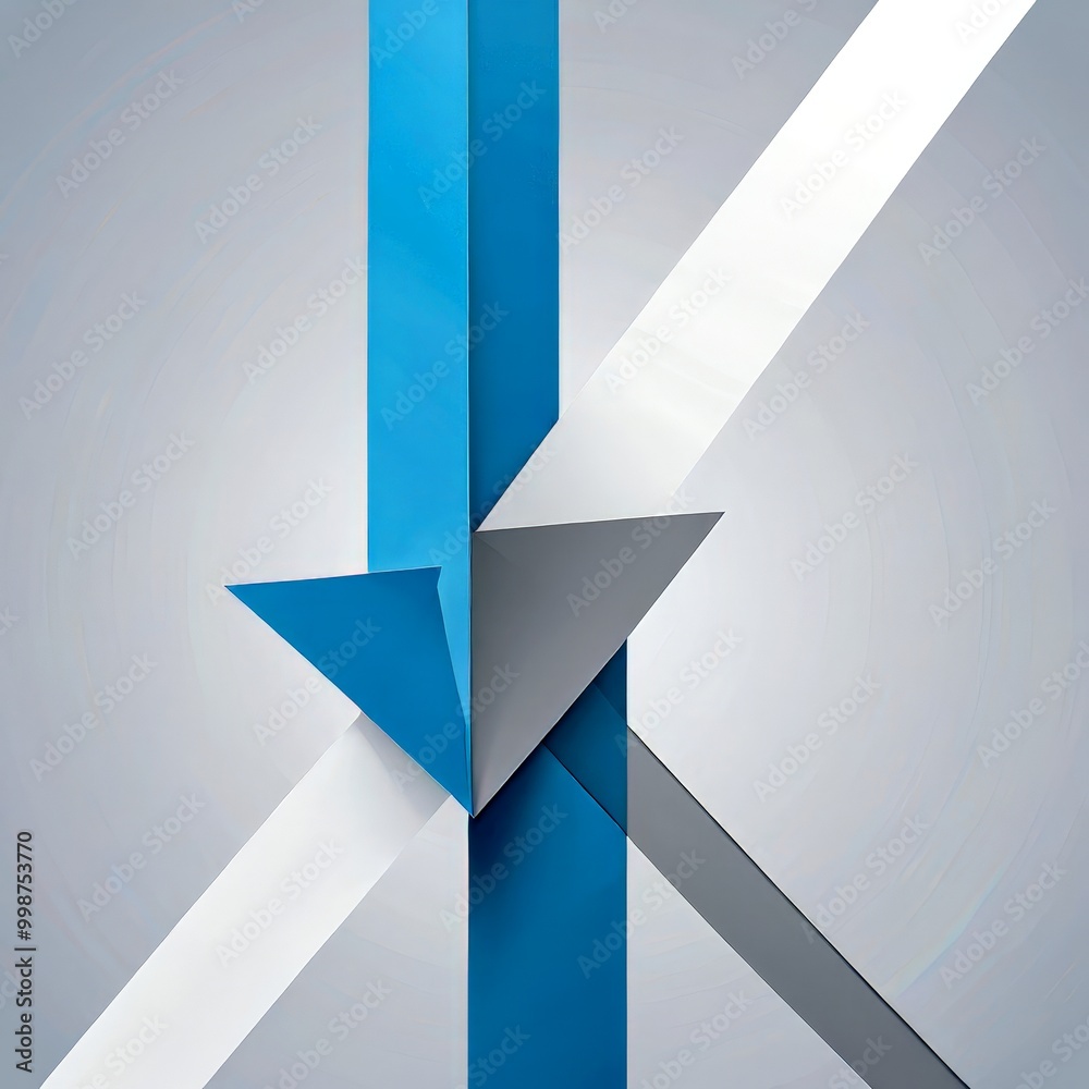 Poster a geometric composition of intersecting blue and white lines, forming a triangular shape at the cent
