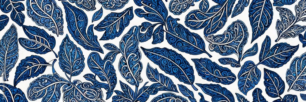 Aufkleber a repeating pattern of stylized blue leaves with intricate white designs, creating a visually striki