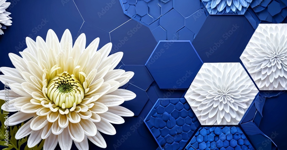Aufkleber a close-up view white chrysanthemum flower with a yellow center, set against a blue background with 