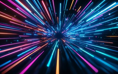 Naklejka premium Bright neon beams in multiple colors racing through a dark tunnel, creating a sense of motion and speed, futuristic light journey
