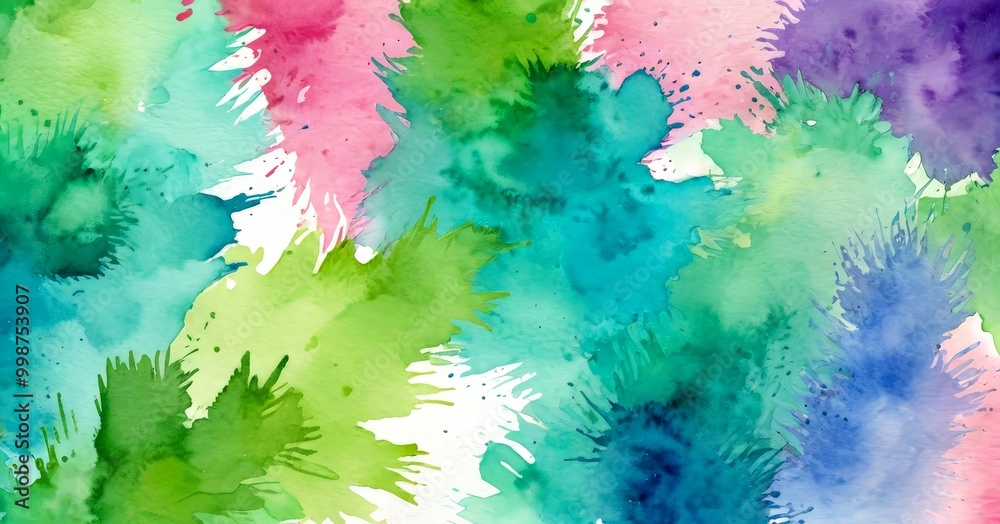 Poster a vibrant abstract watercolor painting featuring a variety of green, blue, and pink hues, with splas