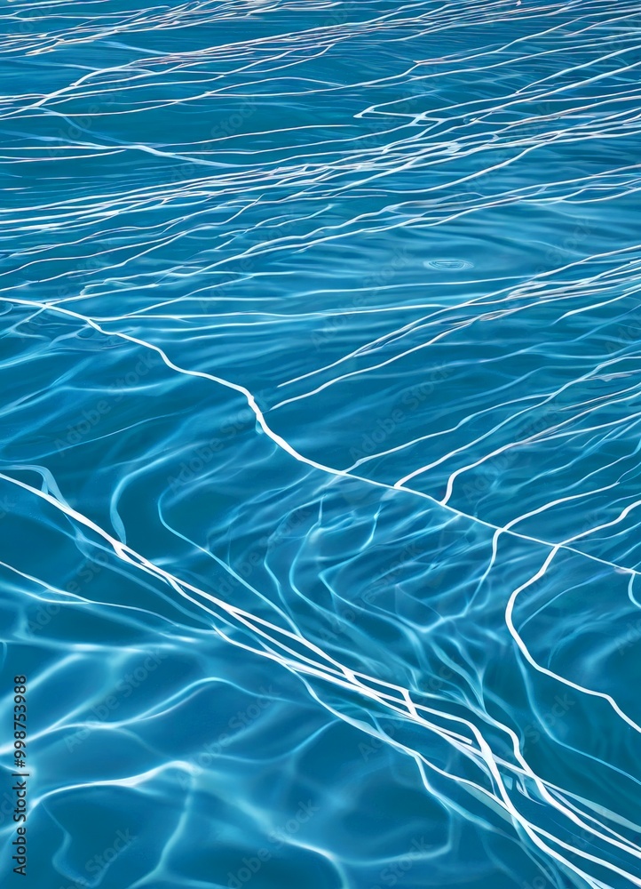 Poster a close-up view body of water, likely a pool or a pond, with rippling blue water and white lines tha