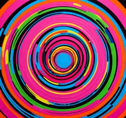 an abstract painting featuring a vibrant, colorful spiral pattern with concentric circles in various shades of pink, blue, green, and yellow