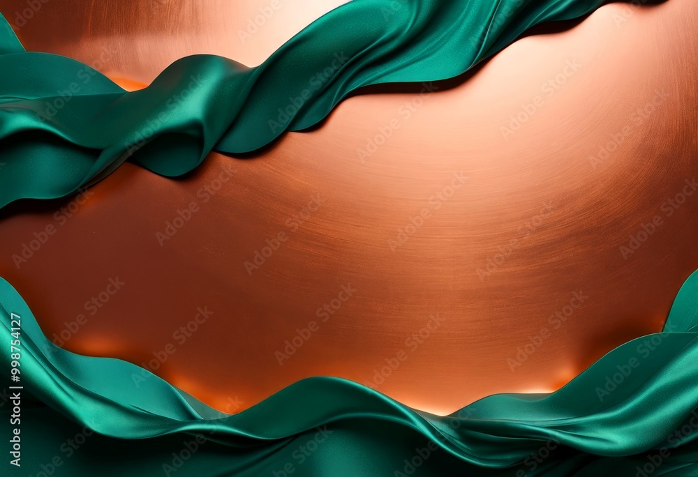 Poster a dynamic composition of green and brown hues, with a metallic sheen and flowing, wavy lines The background is a gradient of brown, transitioning to a lighter shade at the