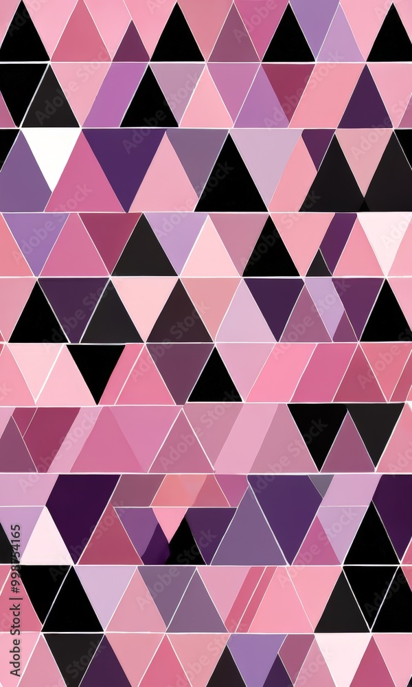 Poster a repeating pattern of triangles in various shades of pink, purple, and black, creating a visually s