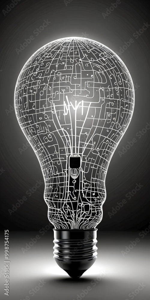 Poster A light bulb with a complex network of lines and symbols, illuminated from below, creating a striking visual effect