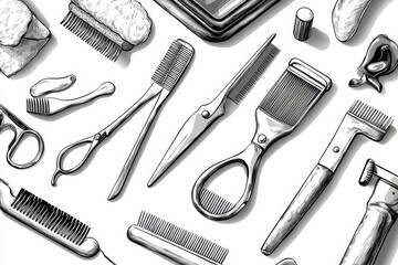 Seamless pattern of barber shop attributes. A hand drawn image of unique elements specific to barbers shops.