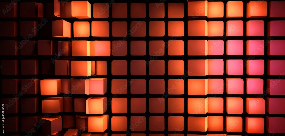 Fototapete a grid of illuminated cubes in various shades of orange and red, creating a visually striking and abstract pattern