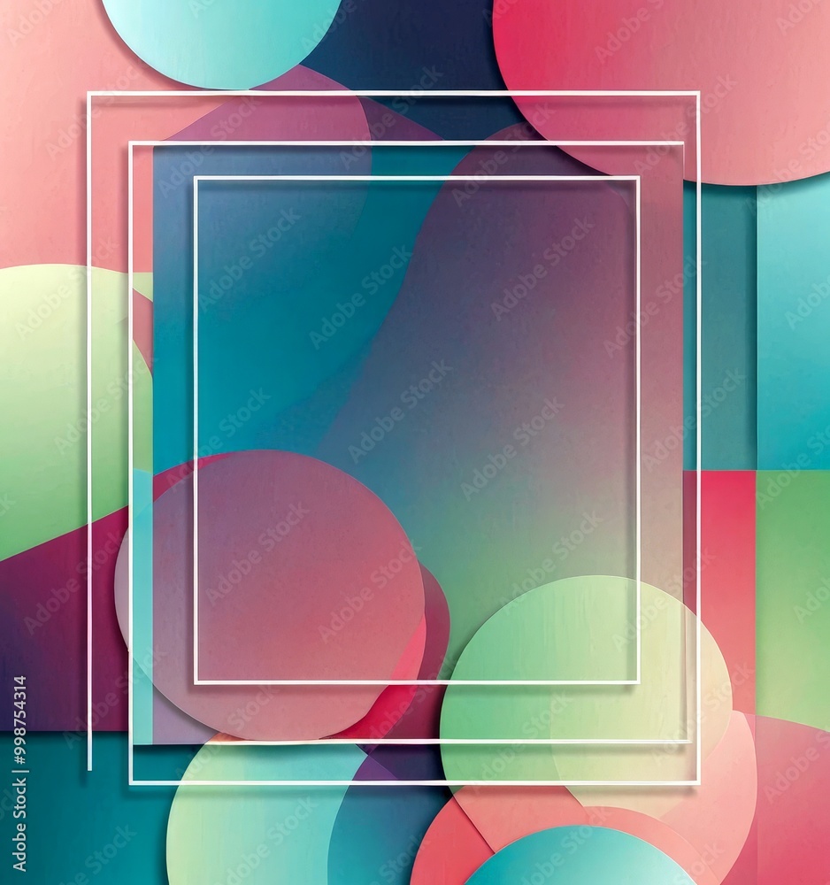 Poster a vibrant abstract composition with overlapping circles in various shades of pink, blue, green, and 