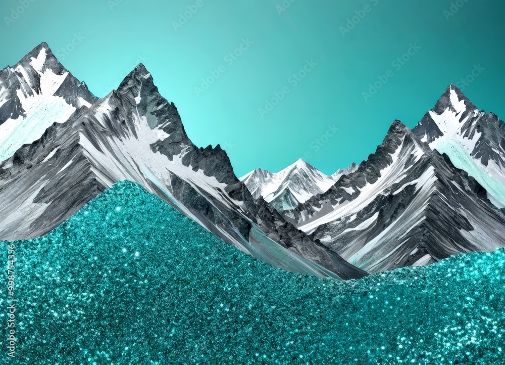 Poster a surreal landscape with snow-capped mountains and a shimmering turquoise sea, creating a dreamlike 