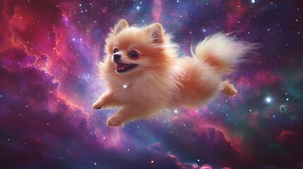 Obraz premium Happy pomeranian puppy leaping through a colorful starry universe of nebulae and galaxies