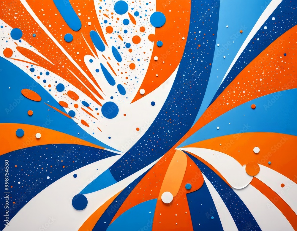 Poster an abstract composition featuring a vibrant mix of orange, blue, and white shapes and lines, with so