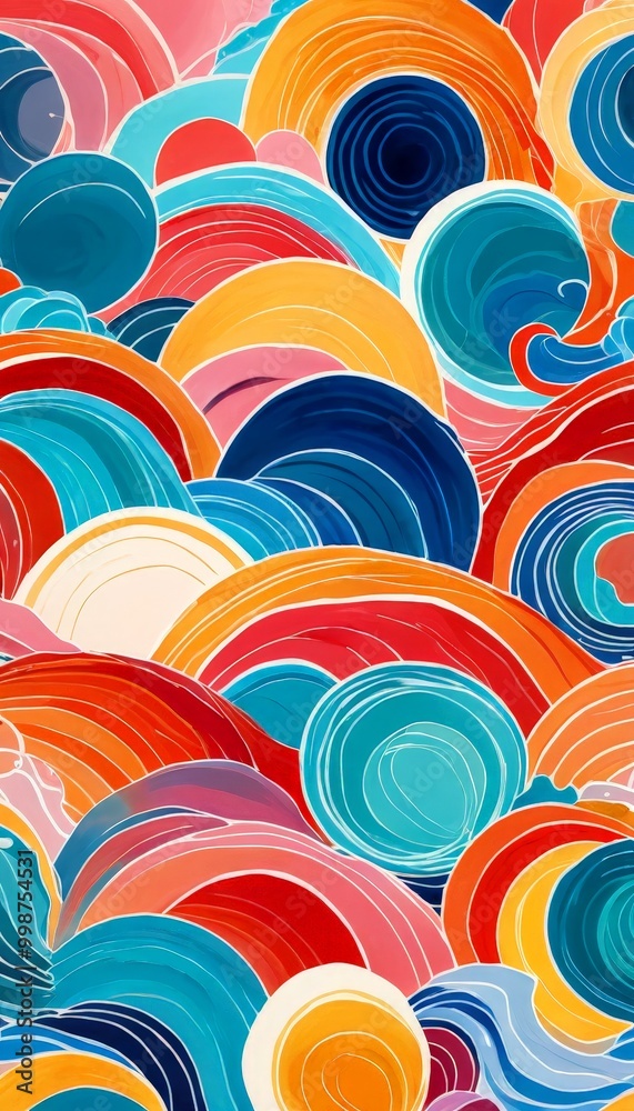 Aufkleber a vibrant abstract pattern featuring overlapping concentric circles in various shades of blue, orange, and pink, creating a dynamic and visually striking composition