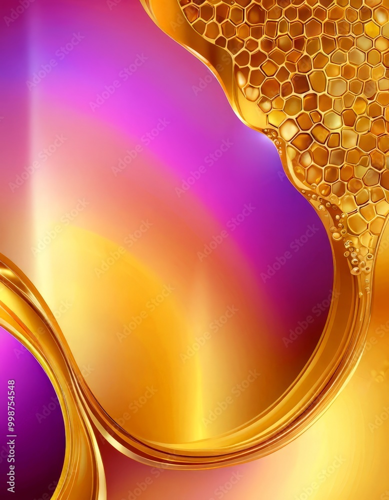 Poster a vibrant abstract composition with a gradient of colors transitioning from purple to gold, culminating in a honeycomb-like pattern The honeycomb-like elements are