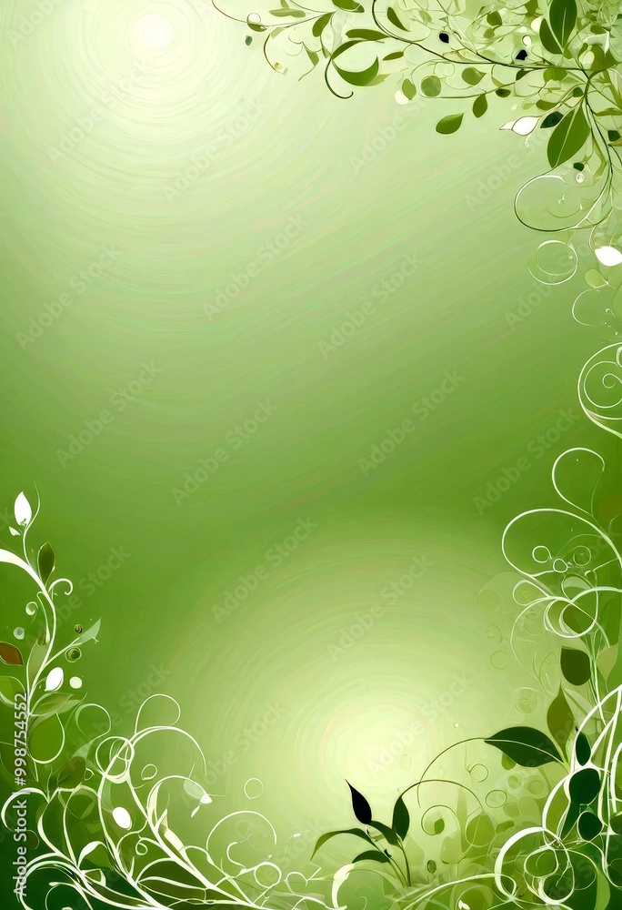 Poster a serene, green-tinted background with a central, glowing light source and a symmetrical arrangement of leaves and branches on either side
