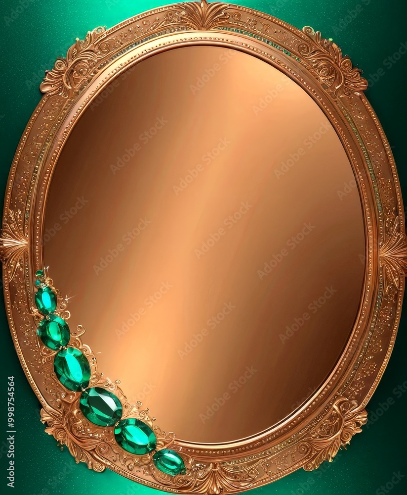 Aufkleber an oval-shaped mirror with a gold frame and green gemstones on the left side
