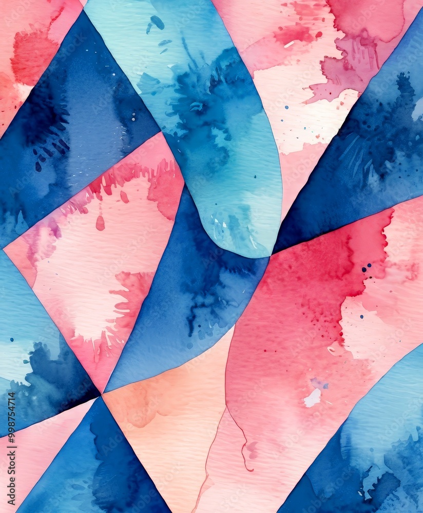 Poster a vibrant abstract watercolor painting featuring a geometric pattern of intersecting lines and splashes of pink, blue, and white
