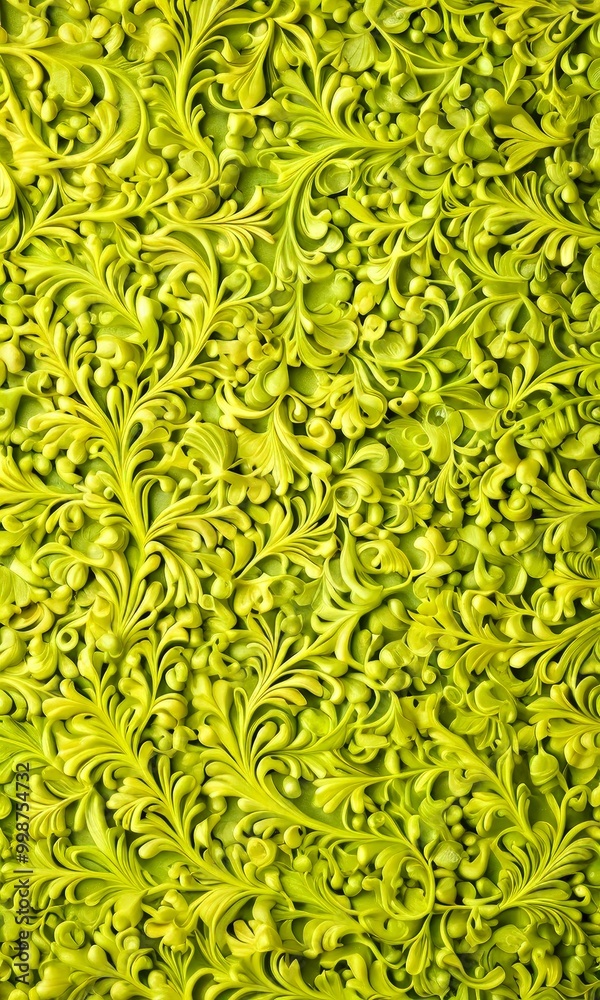 Poster a close-up view textured surface with a repeating pattern of green leaves and flowers