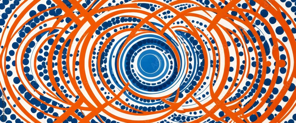 Poster a vibrant abstract composition featuring concentric circles in shades of blue and orange, creating a sense of depth and movement