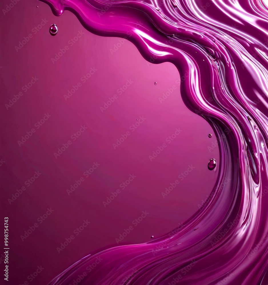 Poster a purple liquid with a wavy texture, with small droplets scattered throughout, creating a dynamic and abstract visual effect