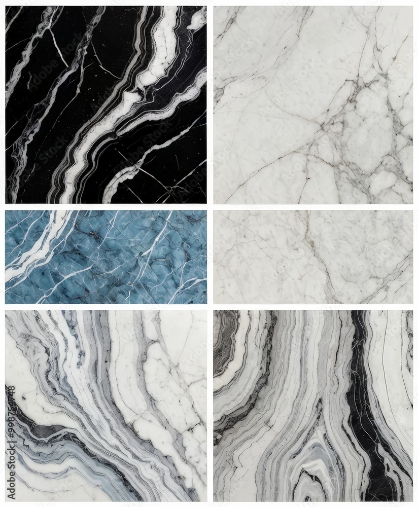 Poster The displays six different marble samples, each showcasing a unique pattern and color scheme, arranged in a grid format