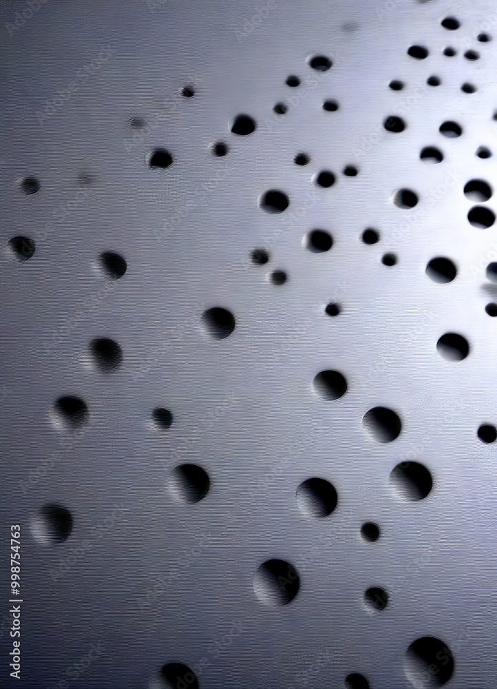 Poster a close-up view dark gray surface with numerous small circular holes arranged in a diagonal pattern, creating a sense of depth and texture