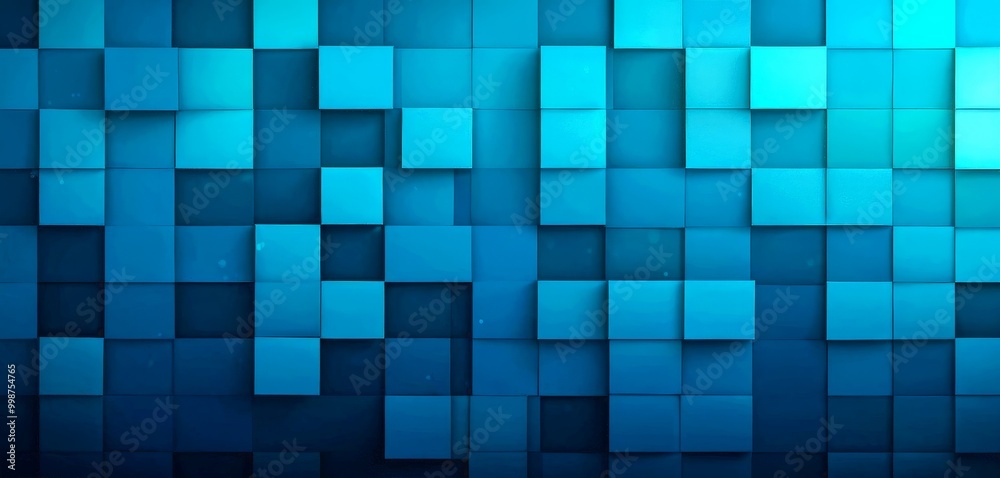 Poster a grid of blue squares, each varying in size, creating a visually striking pattern The squares are arranged in a grid-like fashion, with some overlapping and others