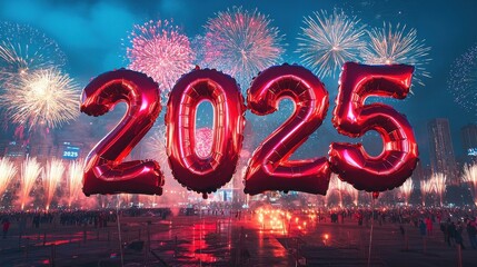 Red 2025 Balloons with Fireworks