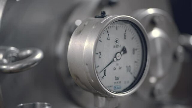 Close-up of a pressure gauge at the industrial dairy factory. Pressure gauge inside of the dairy facility production room. Pressure gauge is measuring the compression inside of the container