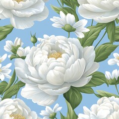 Decorative seamless pattern featuring white blooms with foliage on blue background. Ideal for textiles and papers.