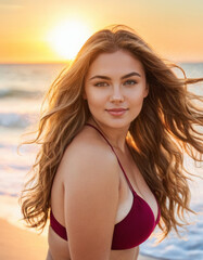Naklejka premium Confident, curvy young woman with flowing hair posing on the beach, embracing her body and radiating self-assurance under the bright sun, with the ocean waves behind her