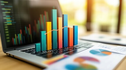 Colorful bar graph on laptop keyboard, depicting business growth and success.