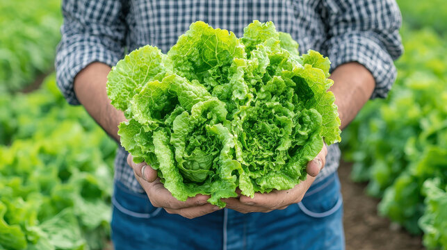 Freshly picked lettuce held by farmer showcases vibrant green leaves in lush field. farmers pride in their harvest is evident, highlighting beauty of fresh produce