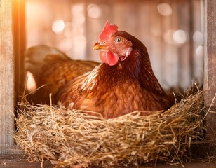 Una gallina en su nido en el gallinero 