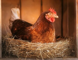 Una gallina en su nido en el gallinero 