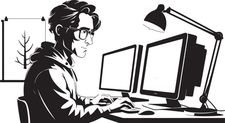 continuous single line drawing of computer hacker stereotype, line art vector illustration
