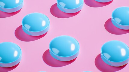 A 3D illustration of blue flat-lay pills tablet lying on a pink background and a healthcare medication sign circle in pale colors