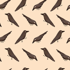 Hand drawn Cartoon Black Crow in various poses bird feather seamless halloween pattern. Raven figures background. Autumn Halloween mystical cute surface design.