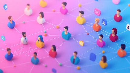 Depict a colorful 3D visualization of people connecting through various social media platforms, showcasing the diversity of users and the interconnected nature of online communicat